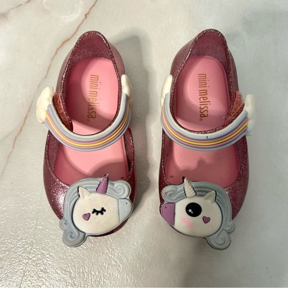 Mini Melissa Pink Glitter Unicorn Shoes Girls Size 5 Sandals - Picture 2 of 9